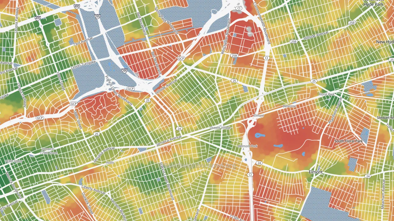 Walk Grade map of 11428, NY, walkable areas in green and car-dependent areas in red