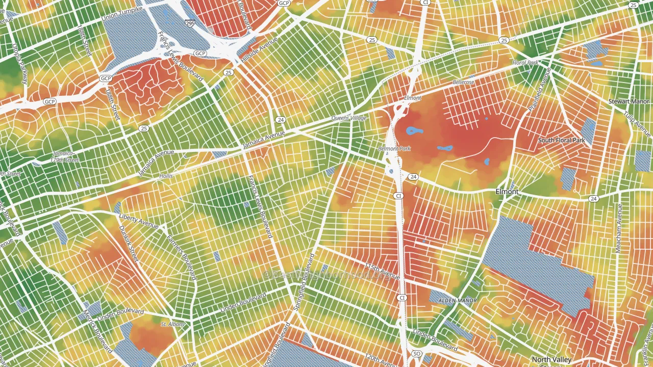 Walk Grade map of 11429, NY, walkable areas in green and car-dependent areas in red