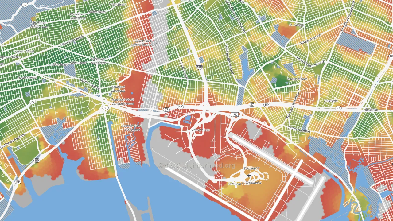 Walk Grade map of 11430, NY, walkable areas in green and car-dependent areas in red