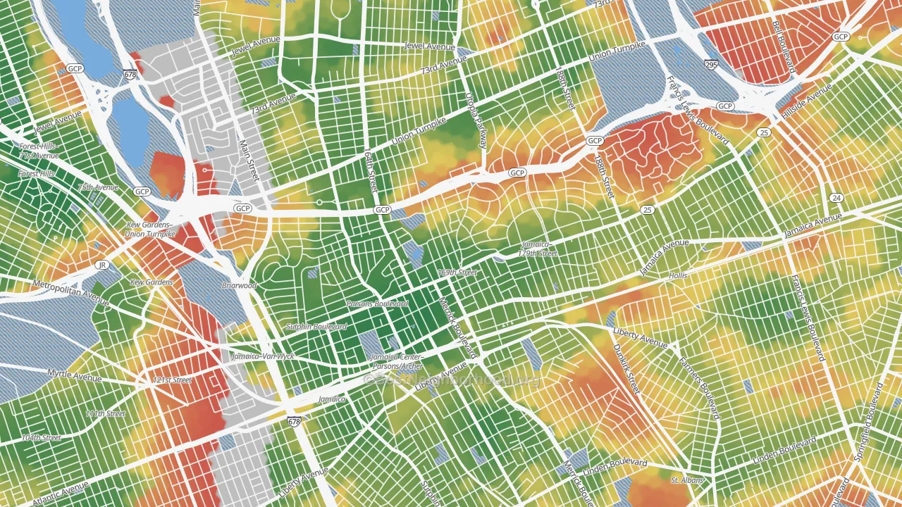 Walk Grade map of 11432, NY, walkable areas in green and car-dependent areas in red