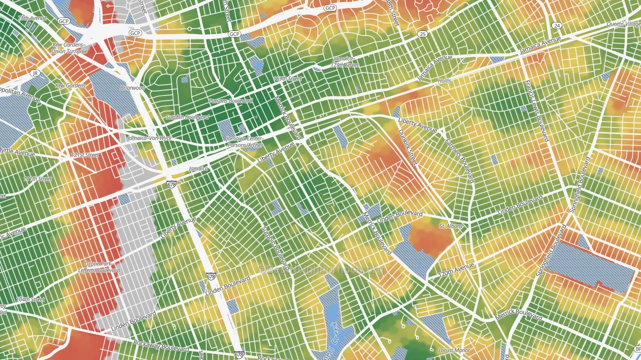 Walk Grade map of 11433, NY, walkable areas in green and car-dependent areas in red