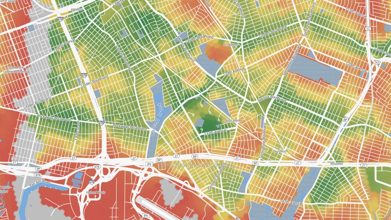 Walk Grade map of 11434, NY, walkable areas in green and car-dependent areas in red