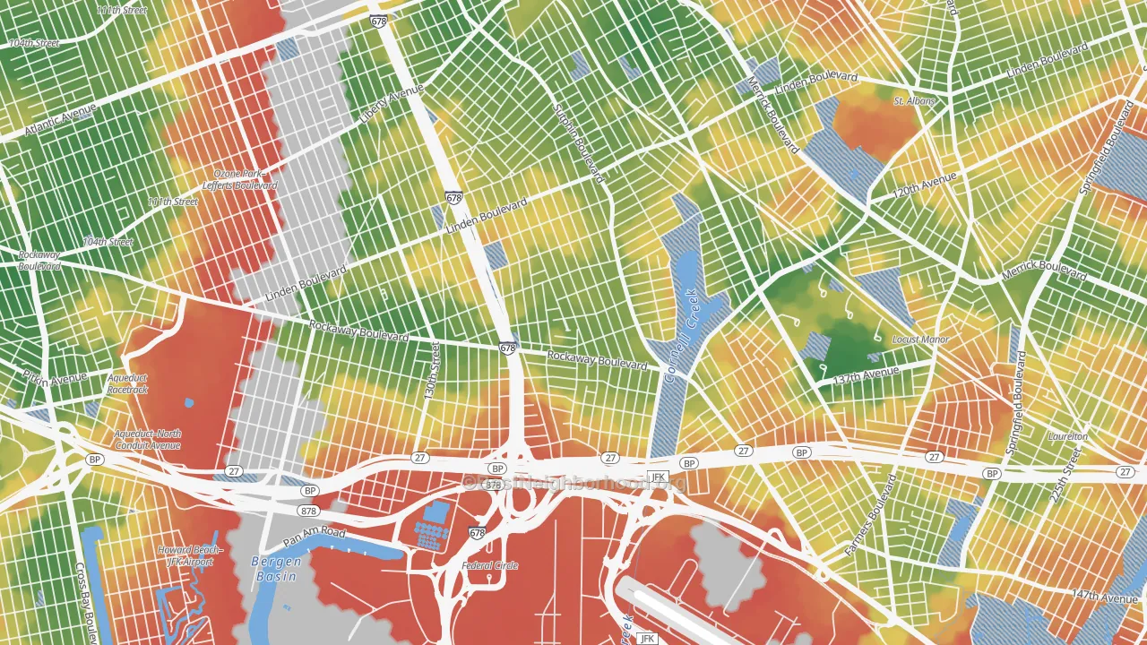 Walk Grade map of 11436, NY, walkable areas in green and car-dependent areas in red
