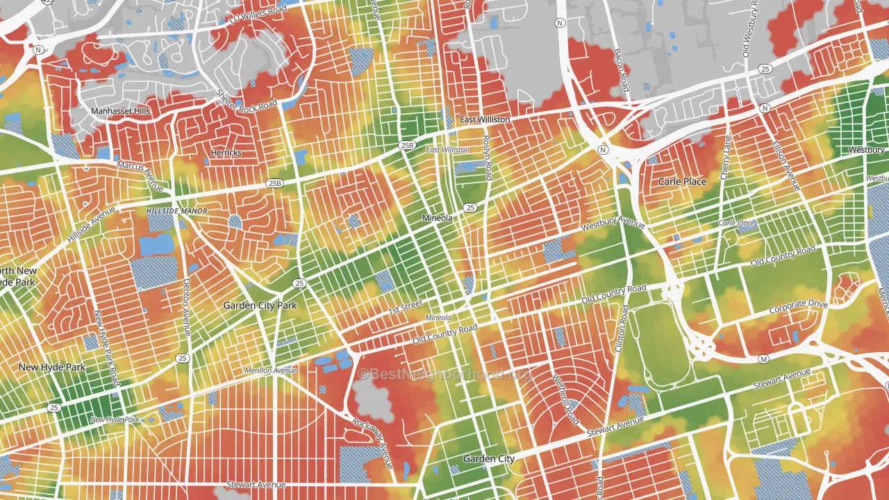 Walk Grade map of 11501, NY, walkable areas in green and car-dependent areas in red