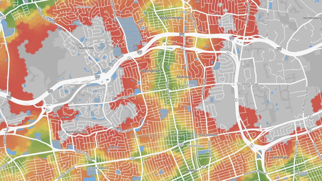 Walk Grade map of 11507, NY, walkable areas in green and car-dependent areas in red