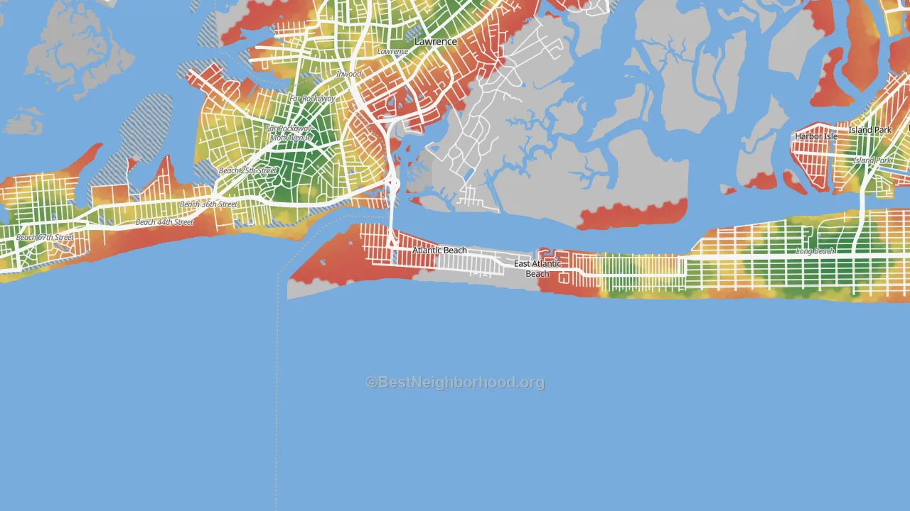Walk Grade map of 11509, NY, walkable areas in green and car-dependent areas in red
