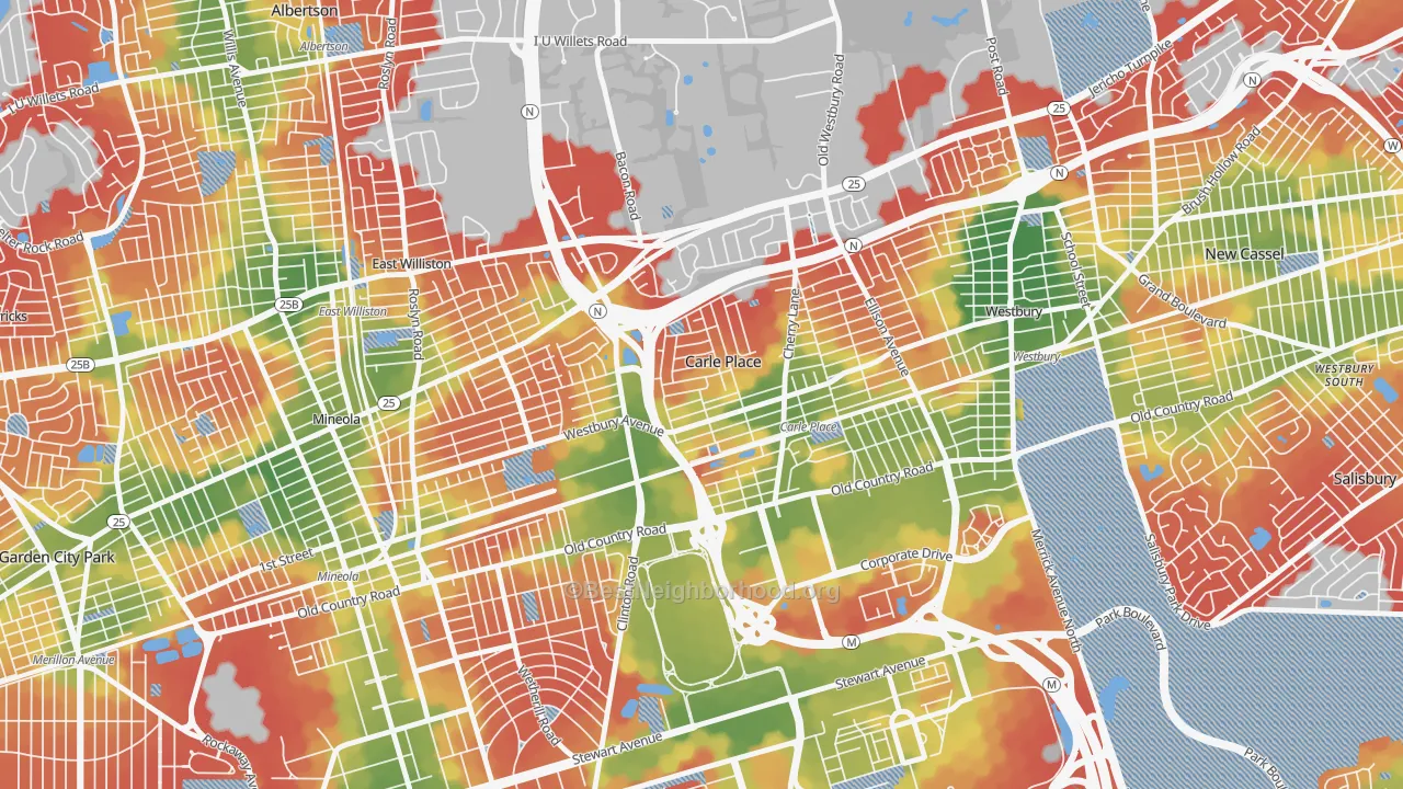 Walk Grade map of 11514, NY, walkable areas in green and car-dependent areas in red