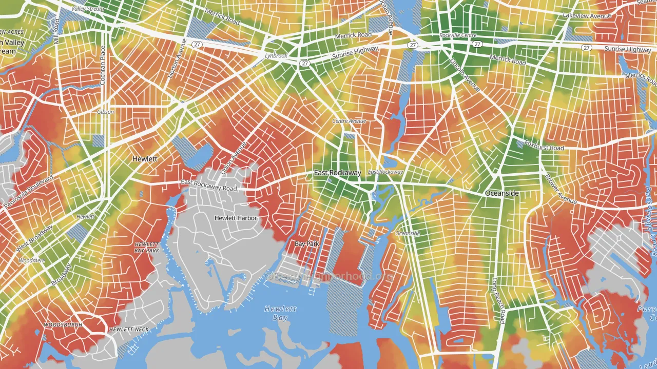 Walk Grade map of 11518, NY, walkable areas in green and car-dependent areas in red