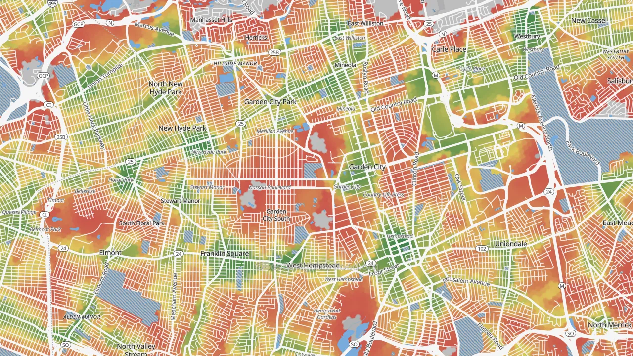 Walk Grade map of 11530, NY, walkable areas in green and car-dependent areas in red