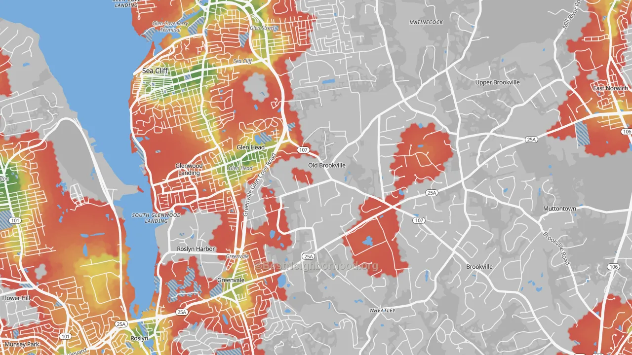Walk Grade map of 11545, NY, walkable areas in green and car-dependent areas in red