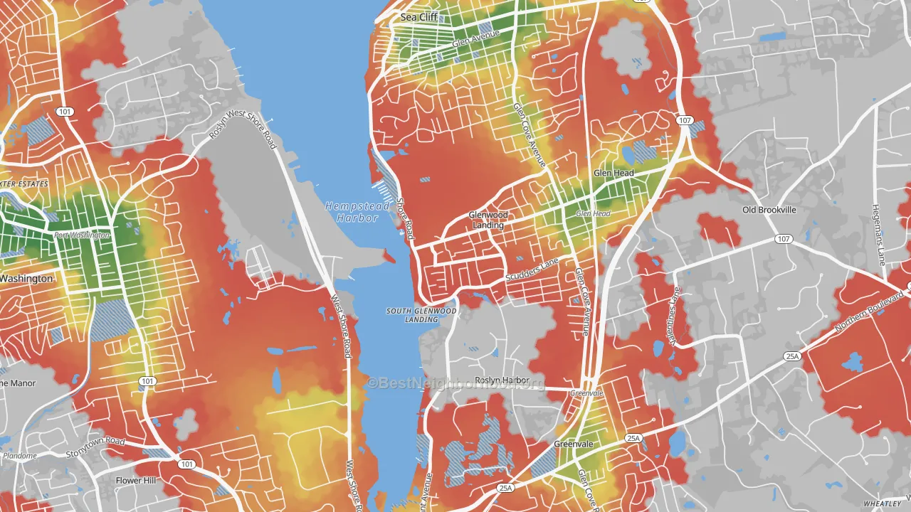 Walk Grade map of 11547, NY, walkable areas in green and car-dependent areas in red