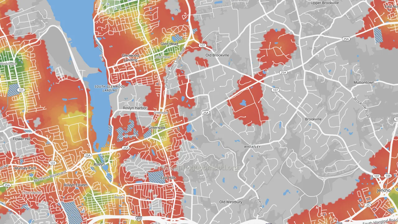 Walk Grade map of 11548, NY, walkable areas in green and car-dependent areas in red