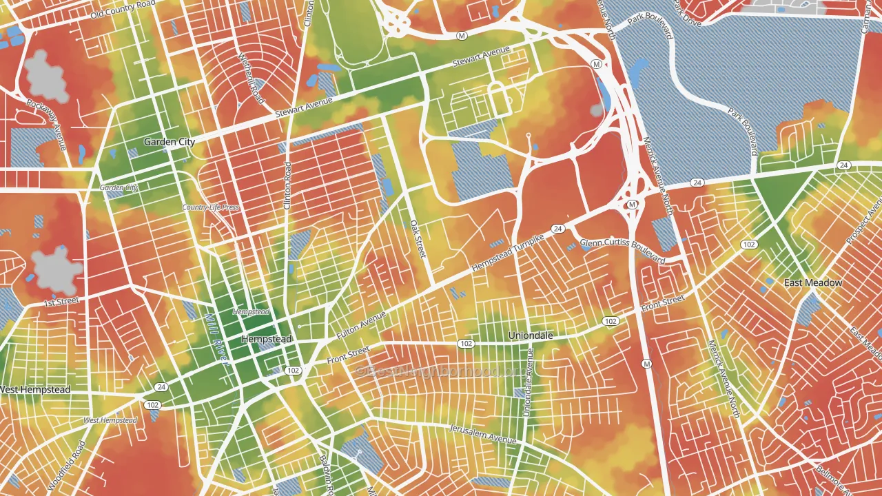 Walk Grade map of 11549, NY, walkable areas in green and car-dependent areas in red
