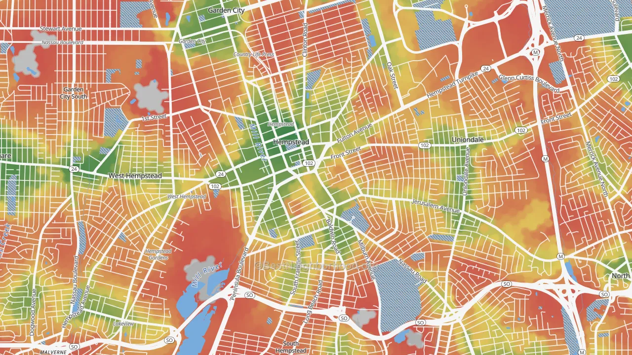 Walk Grade map of 11550, NY, walkable areas in green and car-dependent areas in red