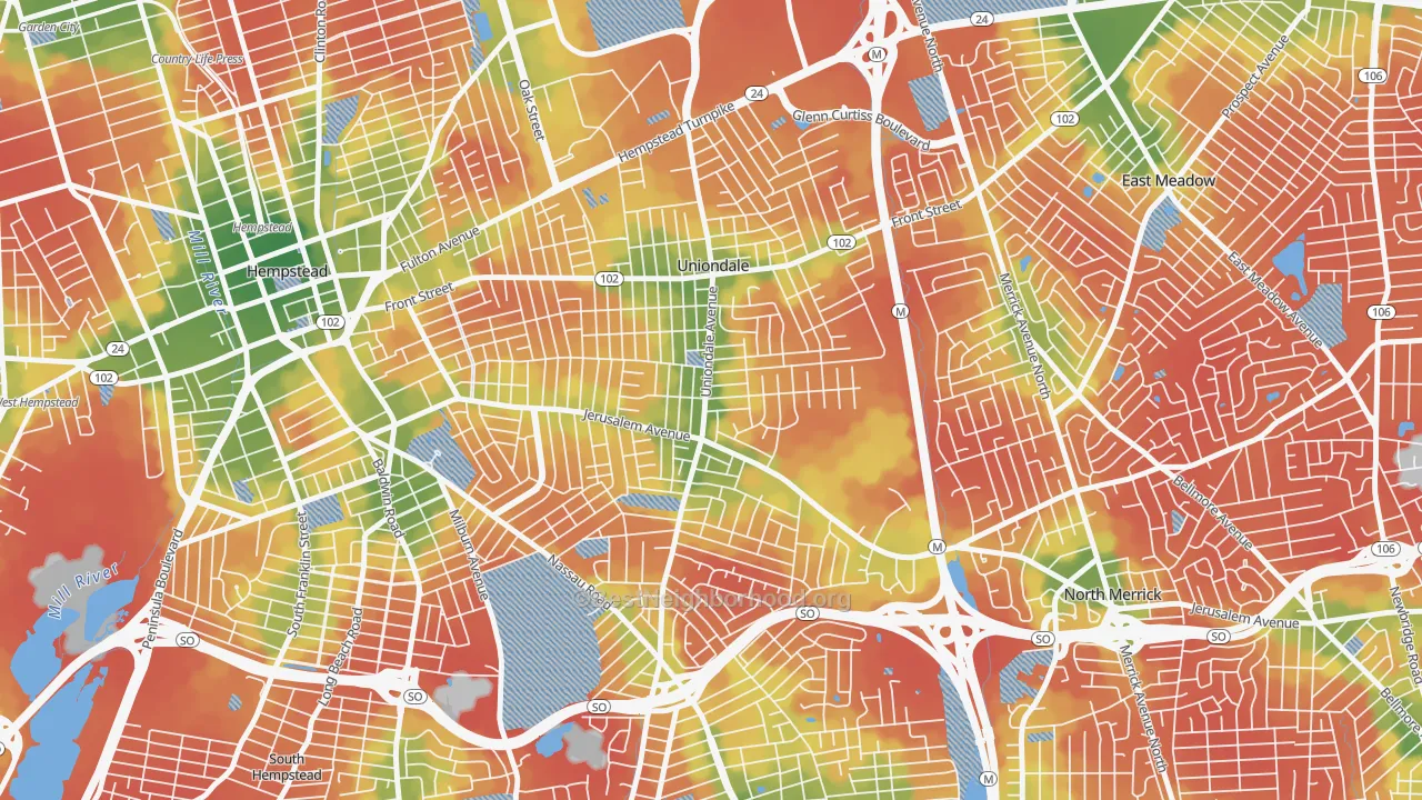 Walk Grade map of 11553, NY, walkable areas in green and car-dependent areas in red