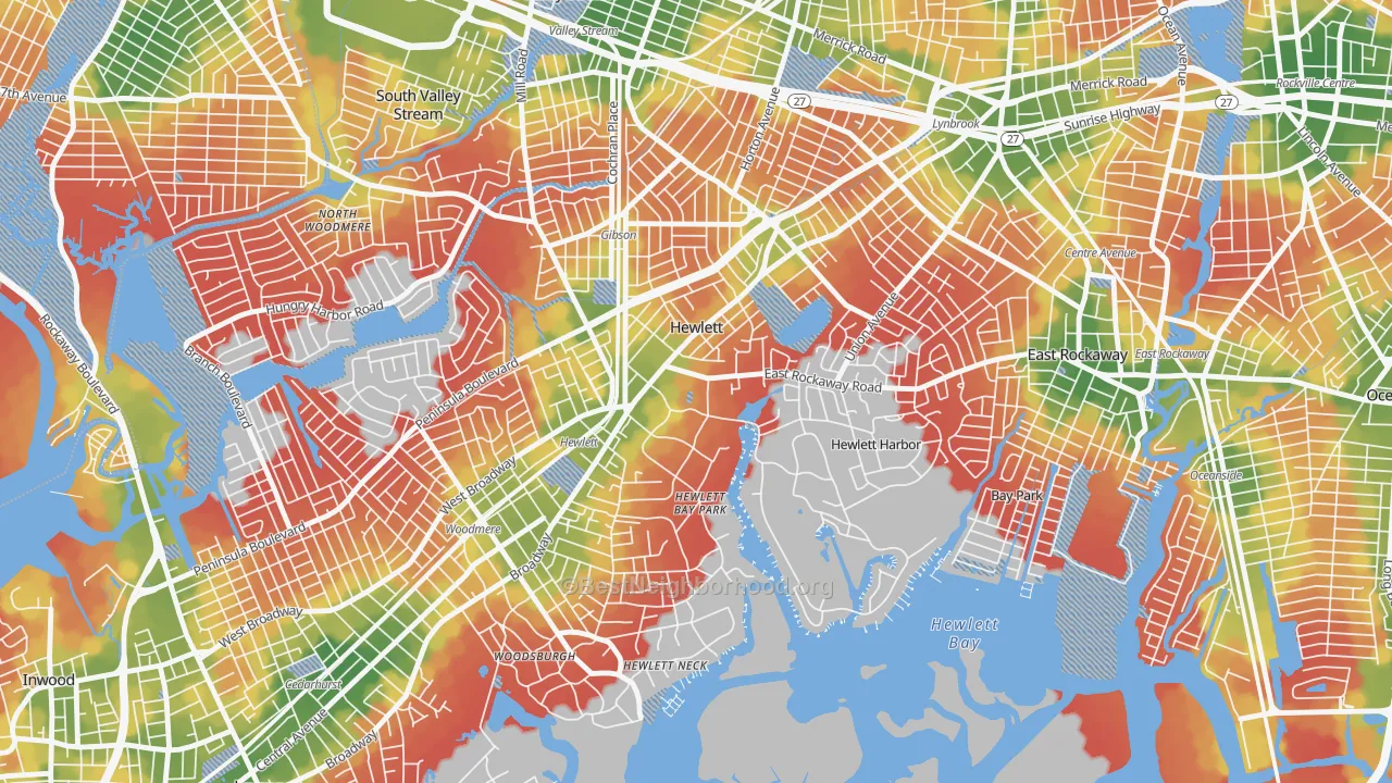 Walk Grade map of 11557, NY, walkable areas in green and car-dependent areas in red
