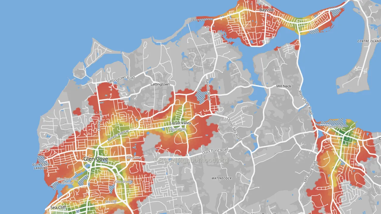 Walk Grade map of 11560, NY, walkable areas in green and car-dependent areas in red