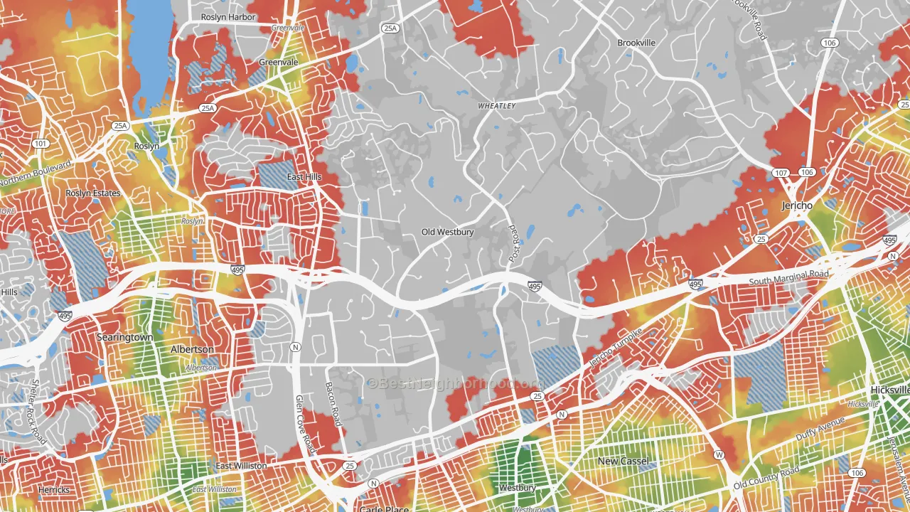 Walk Grade map of 11568, NY, walkable areas in green and car-dependent areas in red