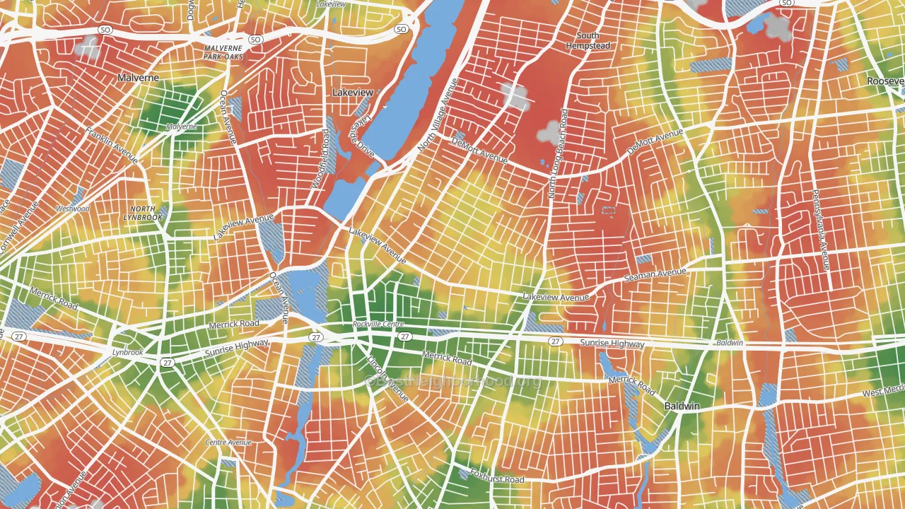 Walk Grade map of 11570, NY, walkable areas in green and car-dependent areas in red