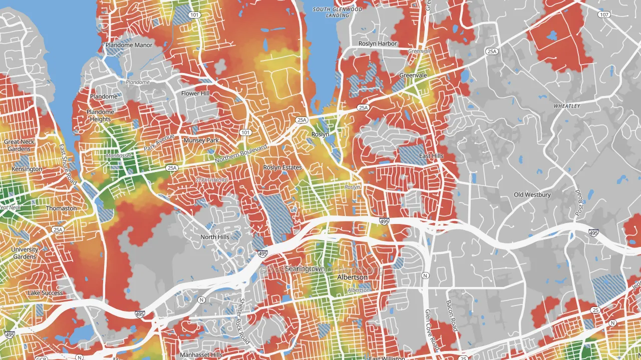 Walk Grade map of 11576, NY, walkable areas in green and car-dependent areas in red