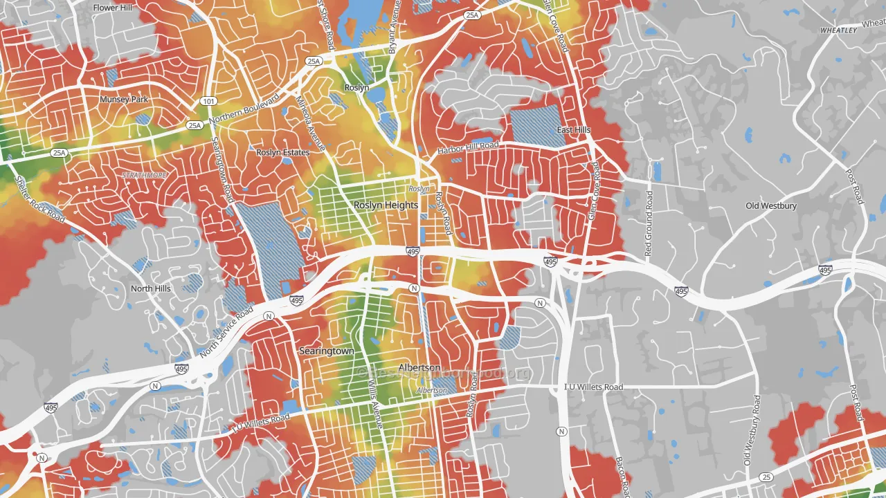 Walk Grade map of 11577, NY, walkable areas in green and car-dependent areas in red