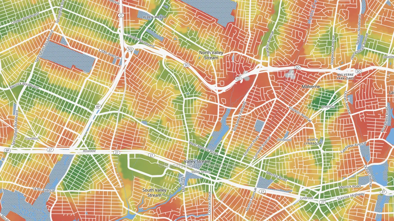 Walk Grade map of 11580, NY, walkable areas in green and car-dependent areas in red