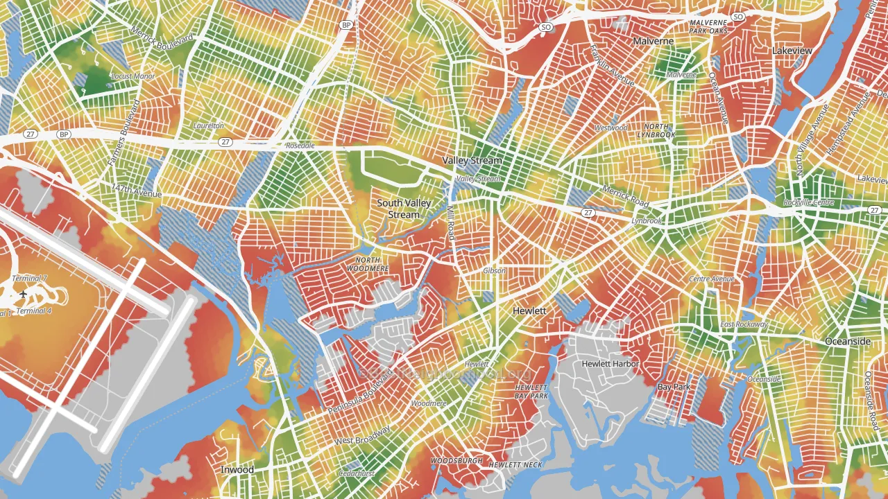 Walk Grade map of 11581, NY, walkable areas in green and car-dependent areas in red