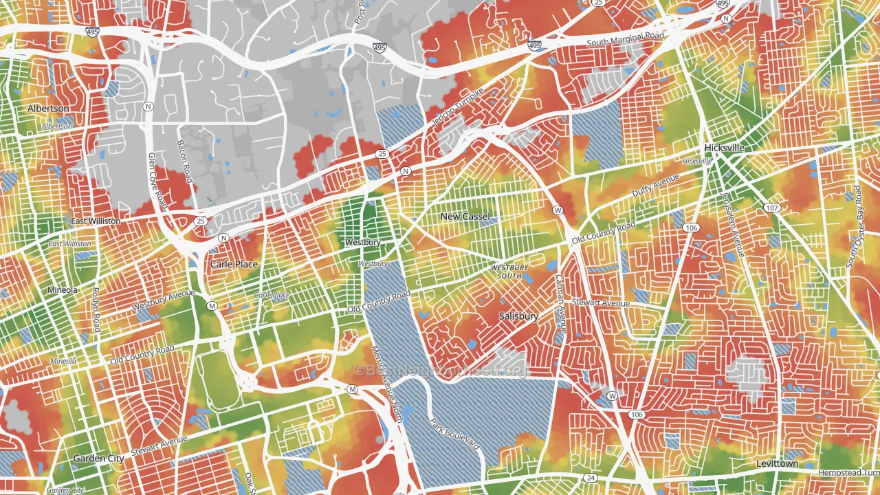 Walk Grade map of 11590, NY, walkable areas in green and car-dependent areas in red