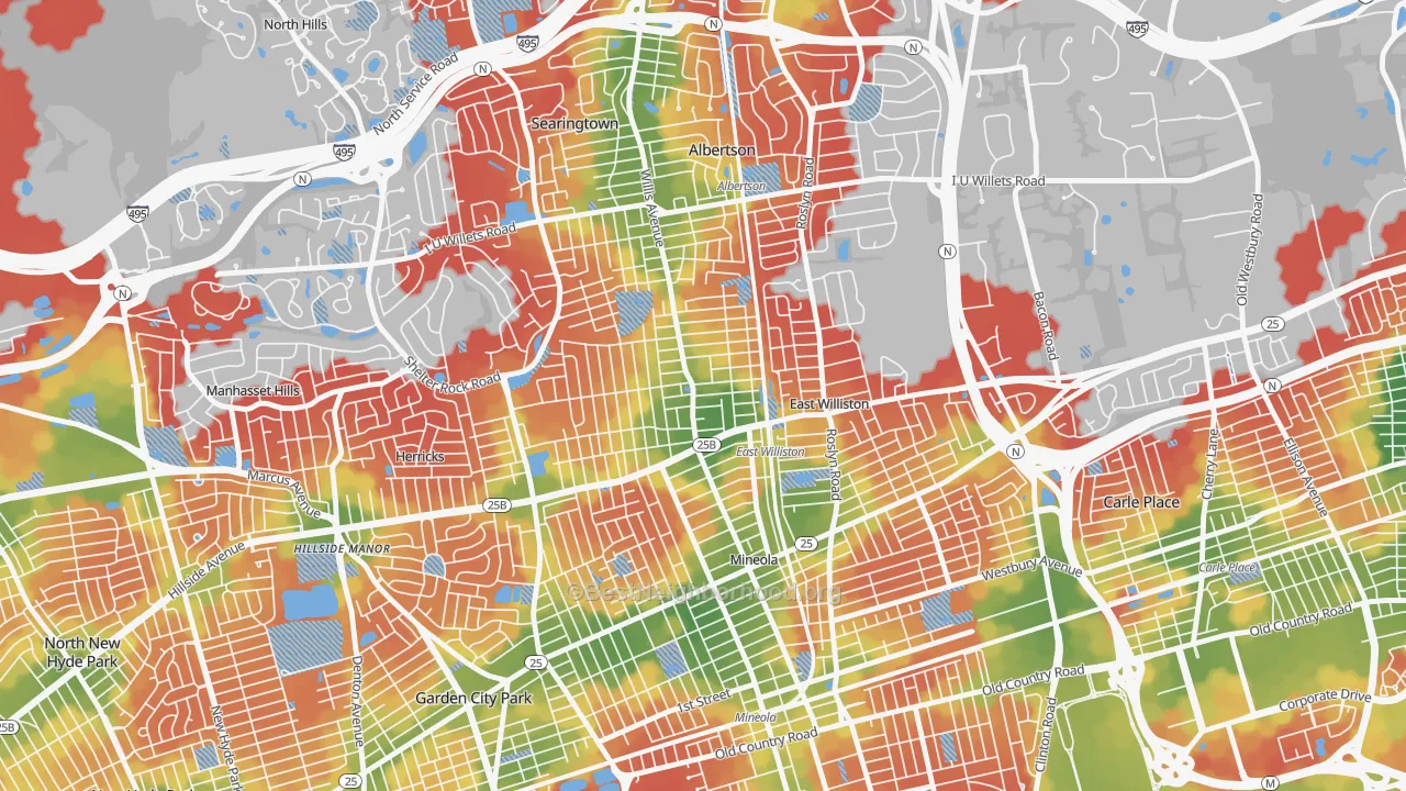 Walk Grade map of 11596, NY, walkable areas in green and car-dependent areas in red