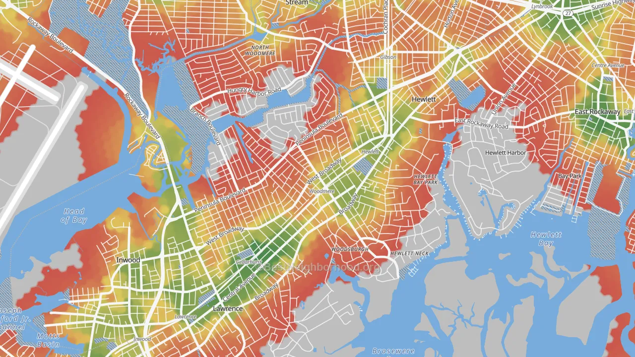 Walk Grade map of 11598, NY, walkable areas in green and car-dependent areas in red