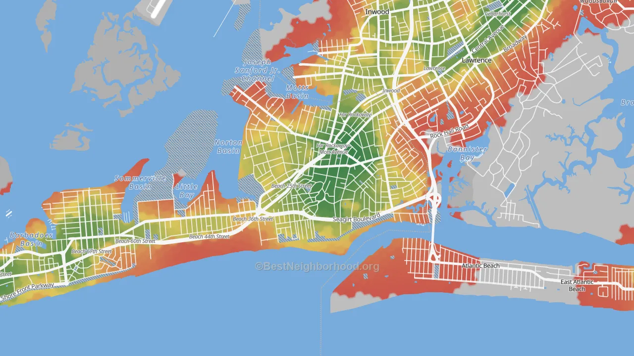 Walk Grade map of 11691, NY, walkable areas in green and car-dependent areas in red