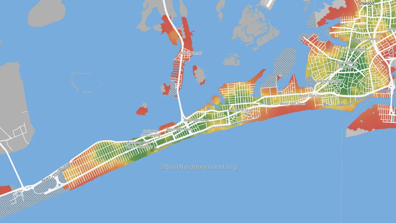 Walk Grade map of 11693, NY, walkable areas in green and car-dependent areas in red