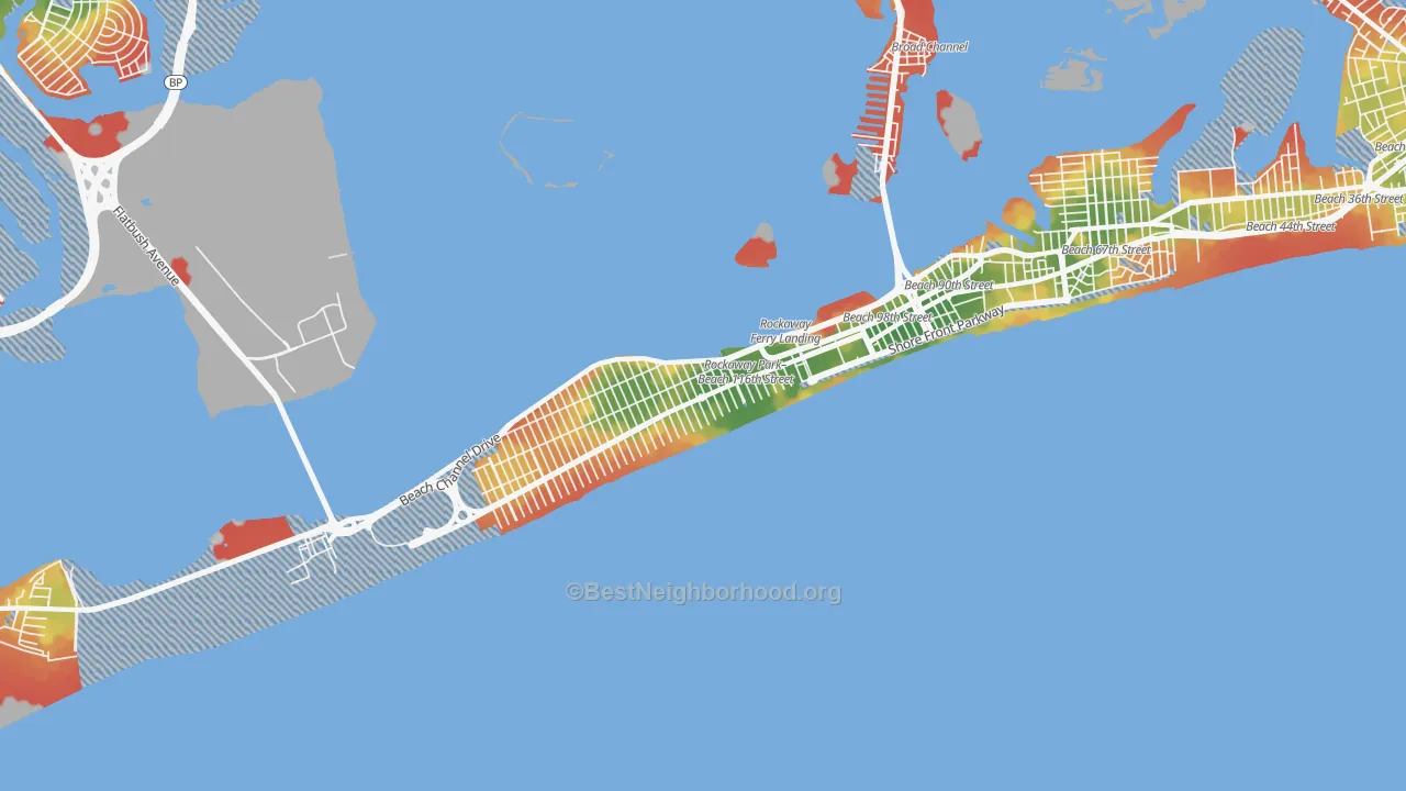 Walk Grade map of 11694, NY, walkable areas in green and car-dependent areas in red