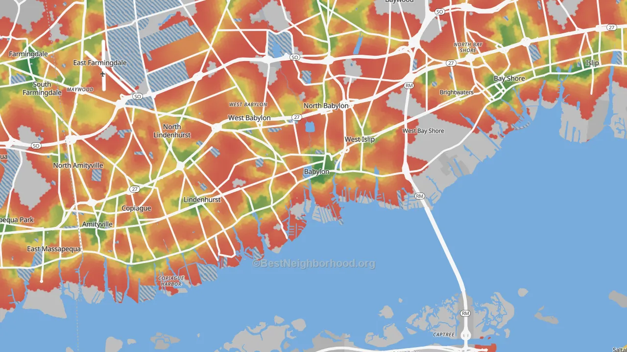 Walk Grade map of 11702, NY, walkable areas in green and car-dependent areas in red