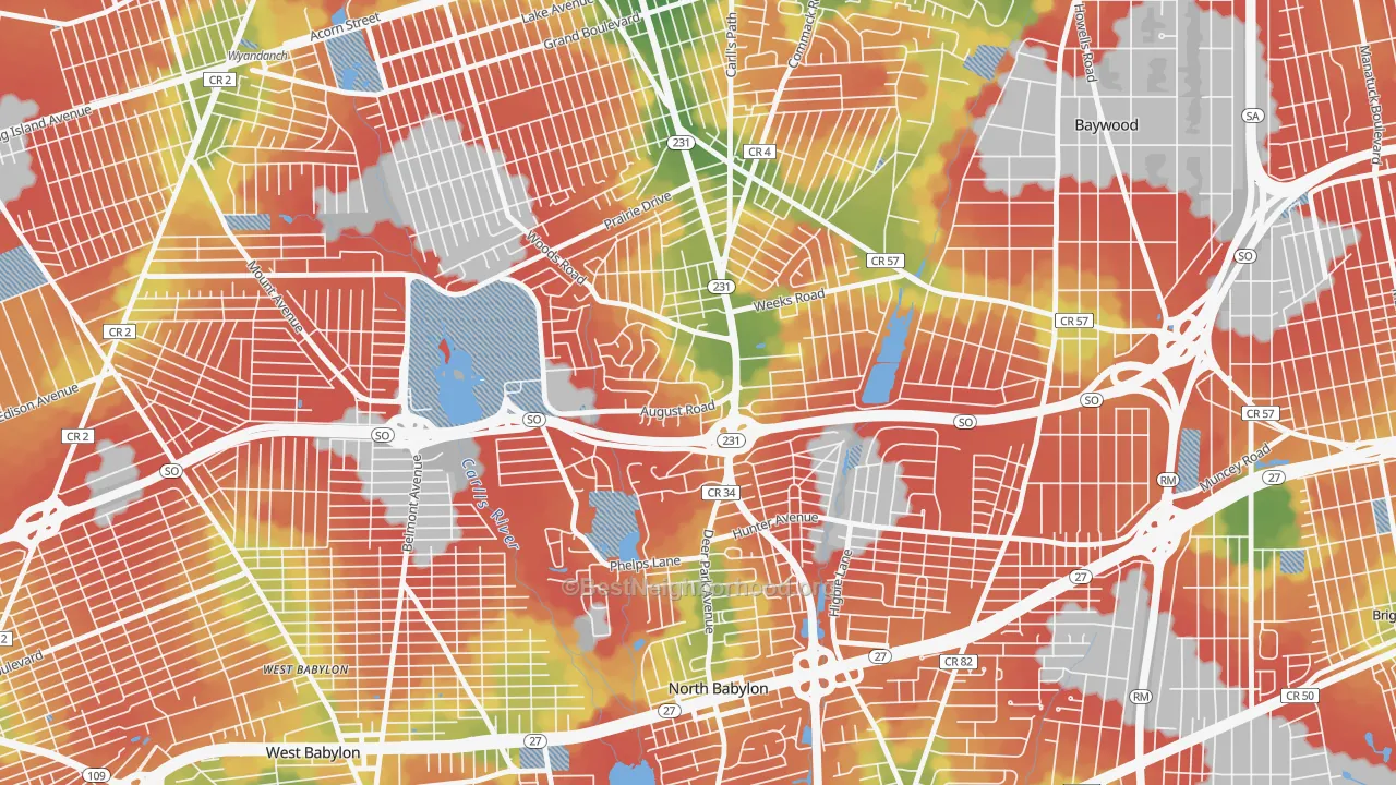 Walk Grade map of 11703, NY, walkable areas in green and car-dependent areas in red