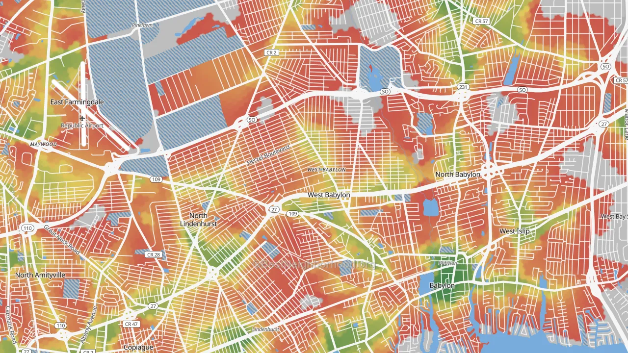 Walk Grade map of 11704, NY, walkable areas in green and car-dependent areas in red