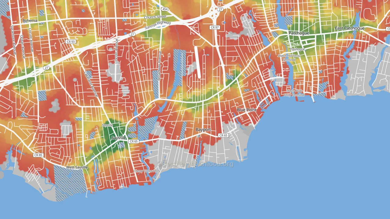 Walk Grade map of 11705, NY, walkable areas in green and car-dependent areas in red