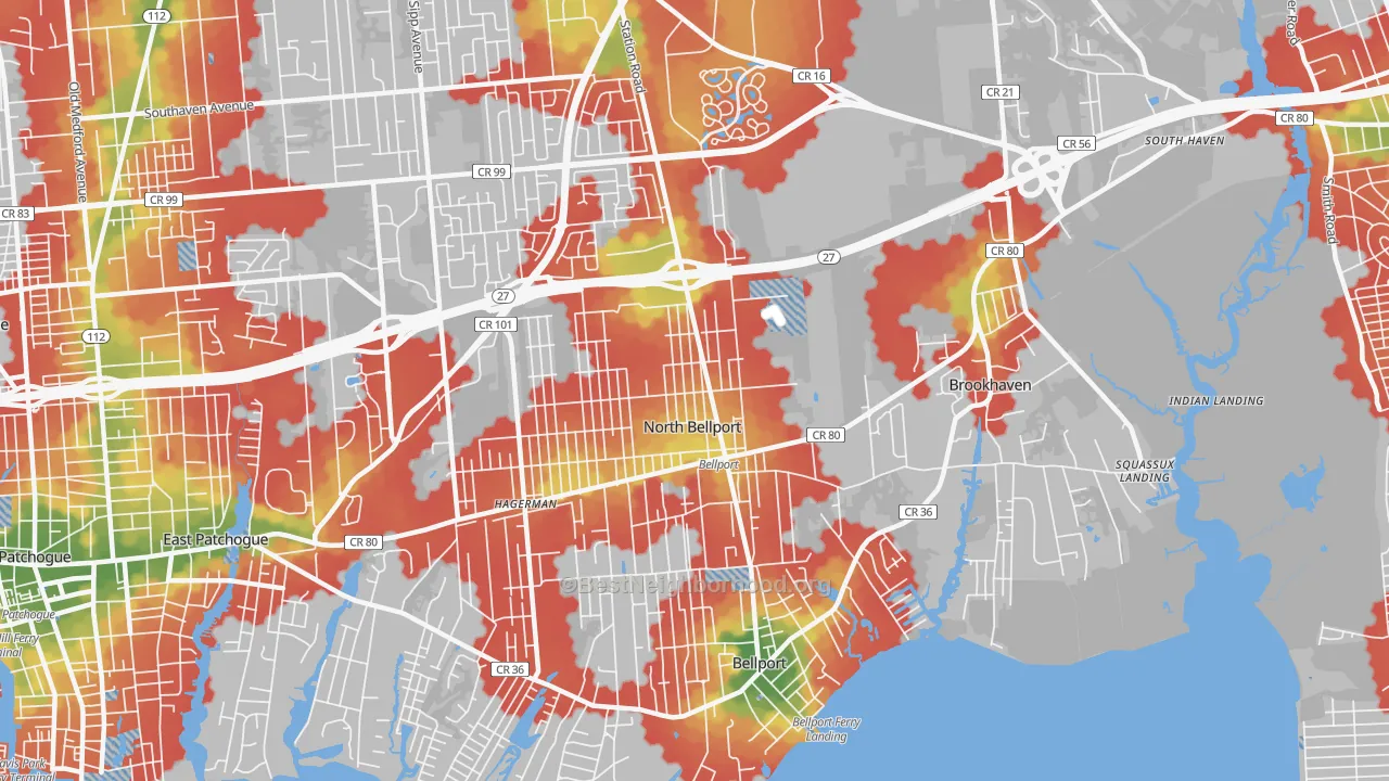 Walk Grade map of 11713, NY, walkable areas in green and car-dependent areas in red