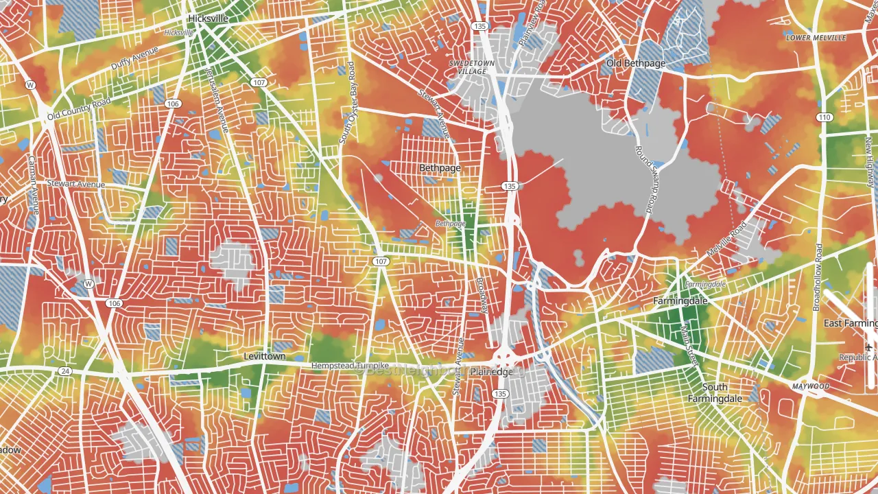Walk Grade map of 11714, NY, walkable areas in green and car-dependent areas in red