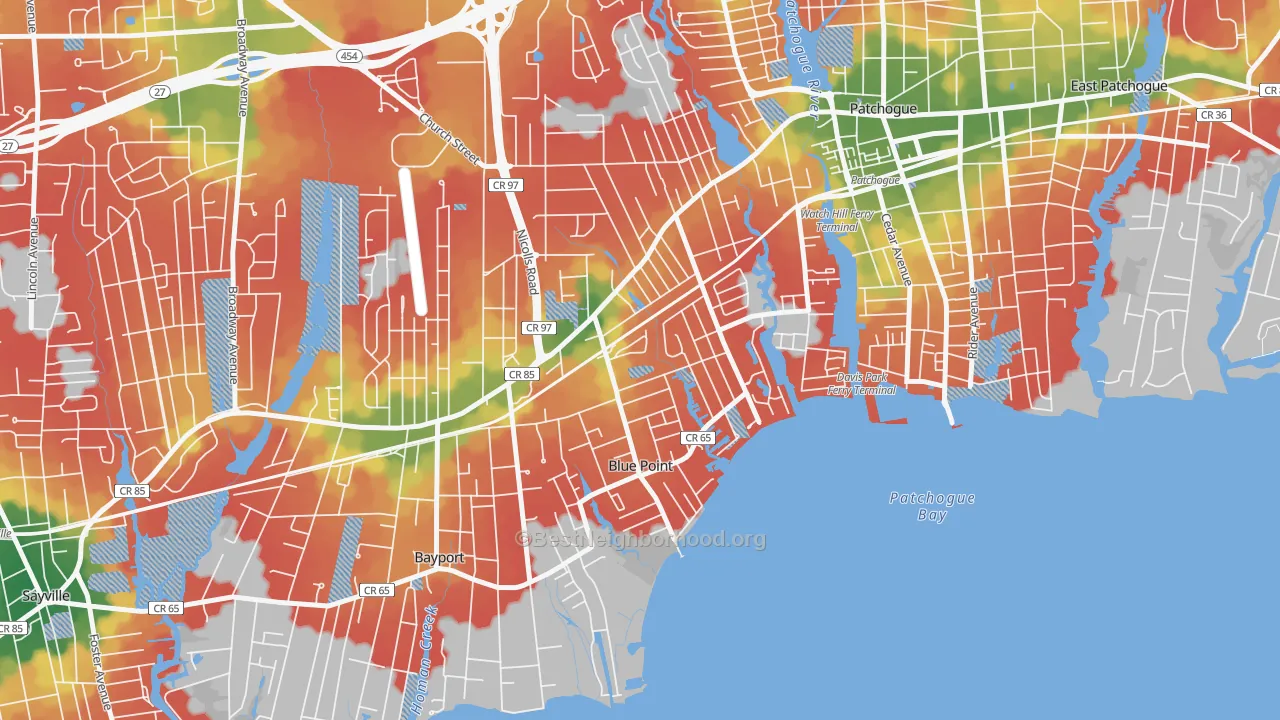 Walk Grade map of 11715, NY, walkable areas in green and car-dependent areas in red