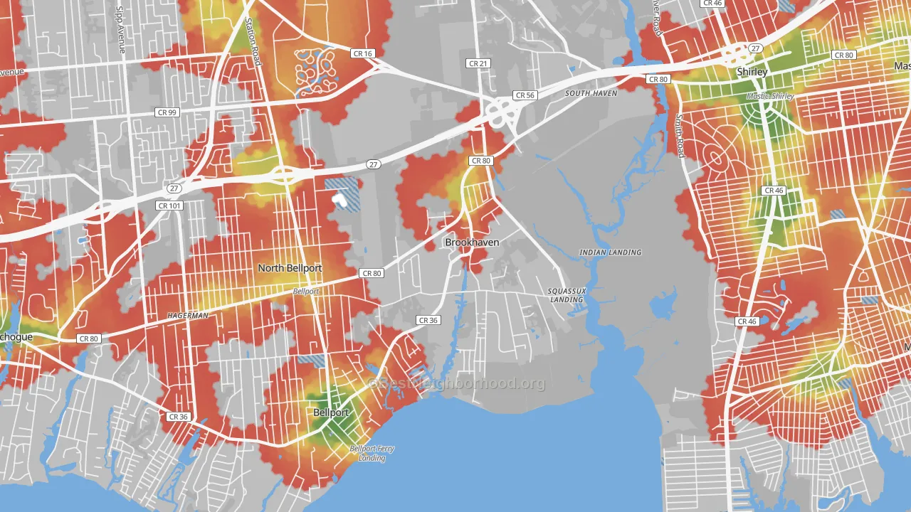 Walk Grade map of 11719, NY, walkable areas in green and car-dependent areas in red