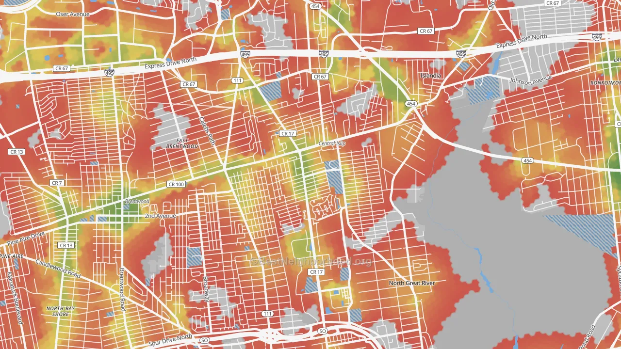 Walk Grade map of 11722, NY, walkable areas in green and car-dependent areas in red