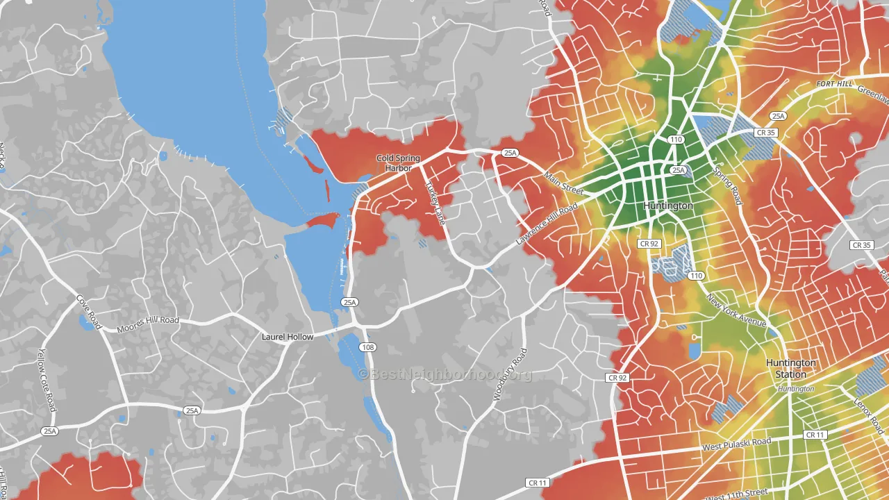 Walk Grade map of 11724, NY, walkable areas in green and car-dependent areas in red