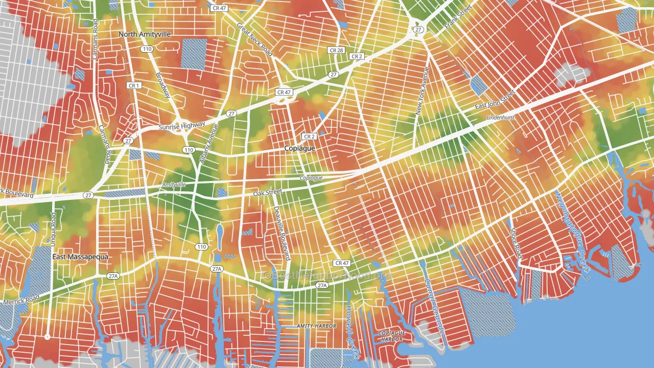 Walk Grade map of 11726, NY, walkable areas in green and car-dependent areas in red