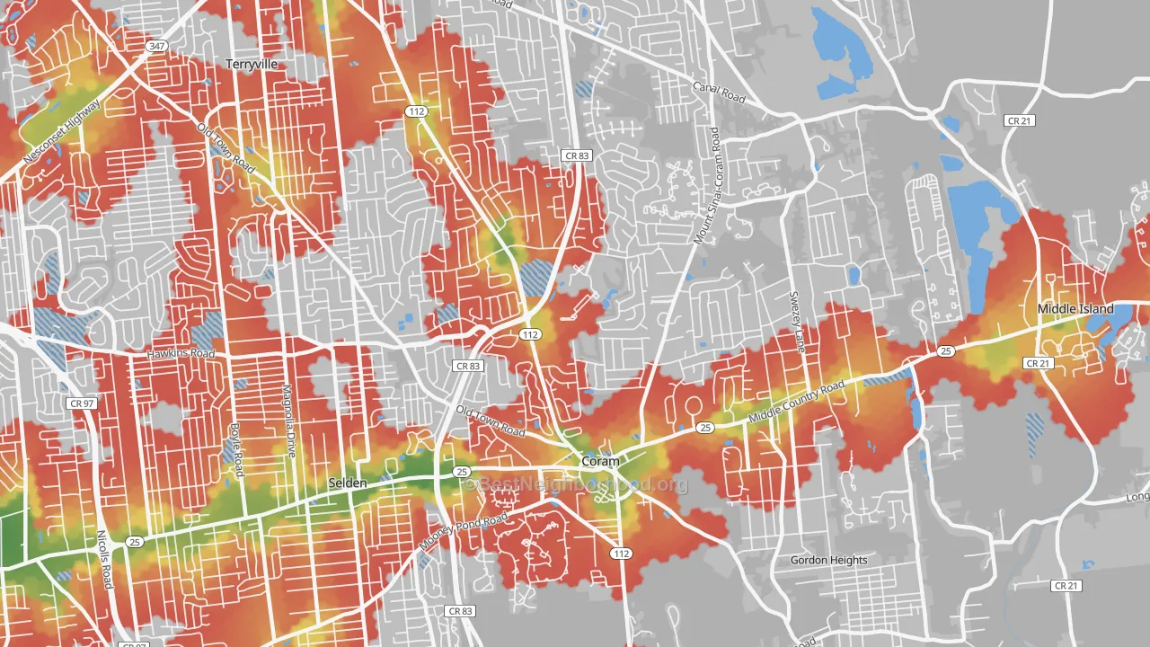 Walk Grade map of 11727, NY, walkable areas in green and car-dependent areas in red