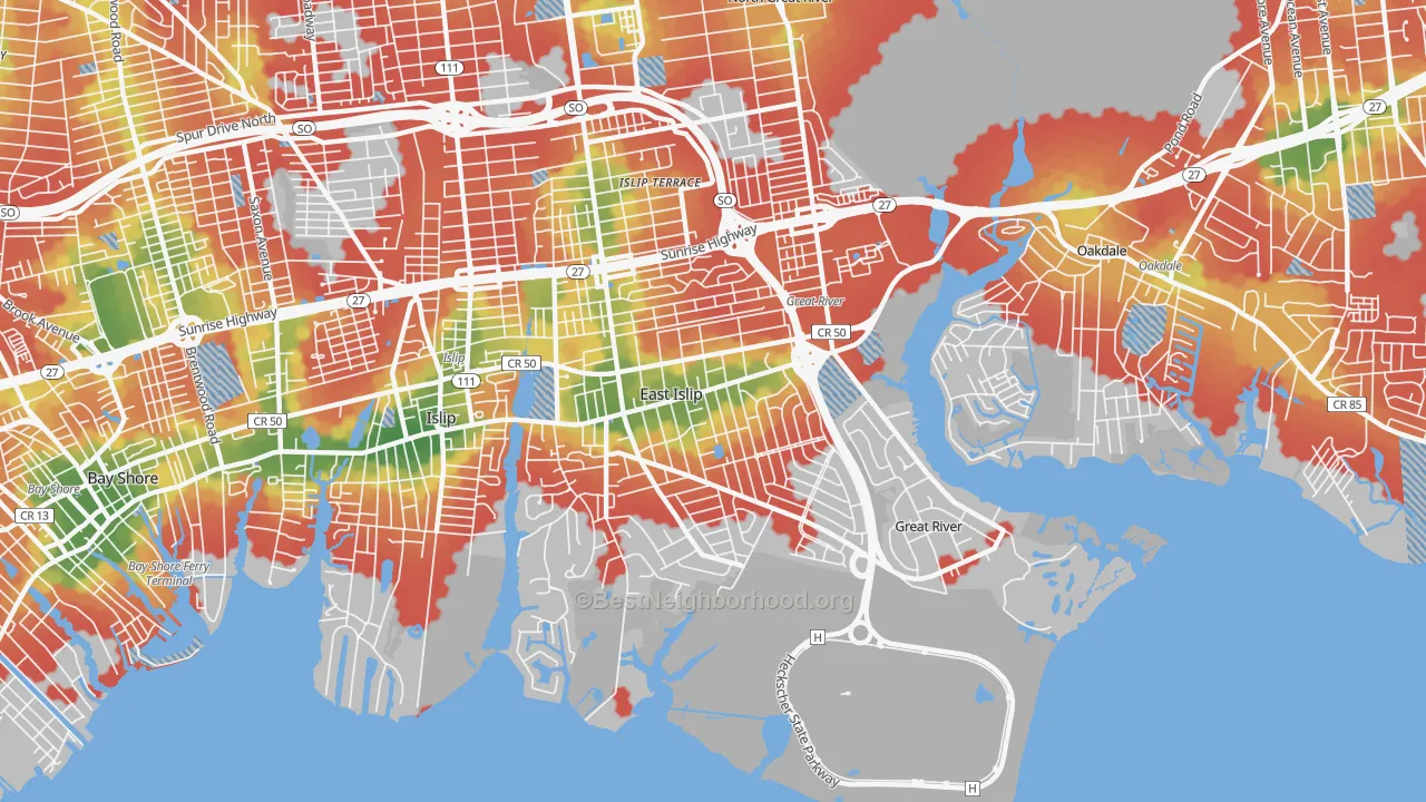 Walk Grade map of 11730, NY, walkable areas in green and car-dependent areas in red