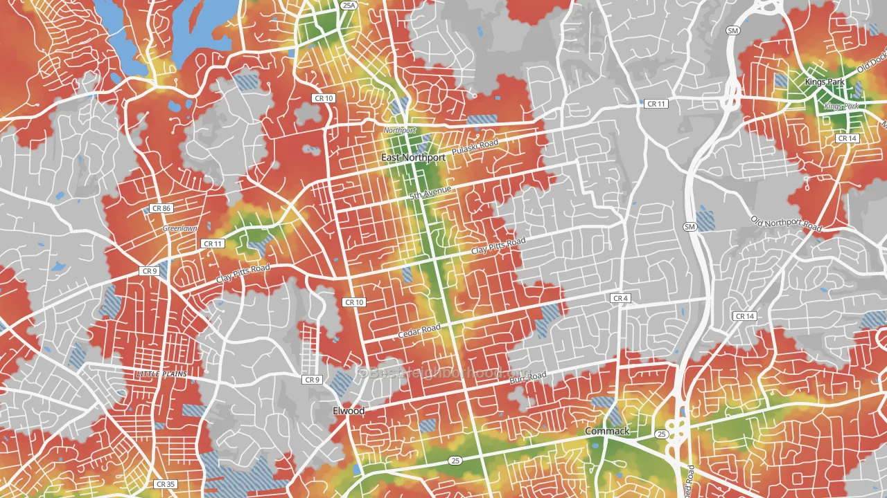 Walk Grade map of 11731, NY, walkable areas in green and car-dependent areas in red