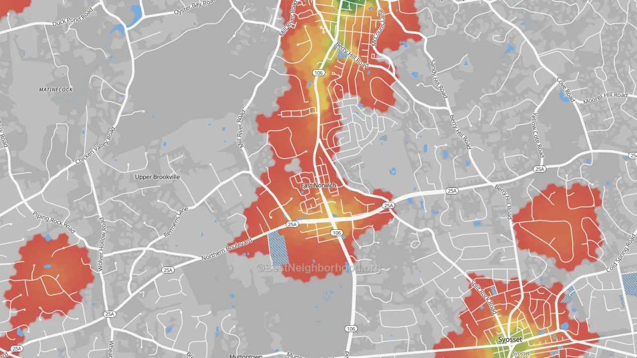 Walk Grade map of 11732, NY, walkable areas in green and car-dependent areas in red