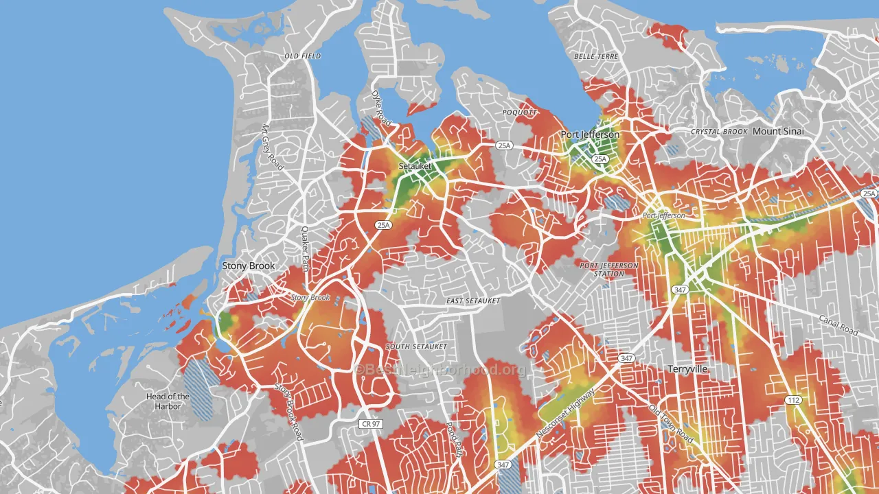 Walk Grade map of 11733, NY, walkable areas in green and car-dependent areas in red