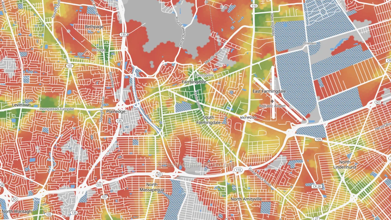 Walk Grade map of 11735, NY, walkable areas in green and car-dependent areas in red